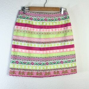 Lilly Pulitzer Pink Green Ribbon Mixed Print Scalloped Hem Skirt Sz 4